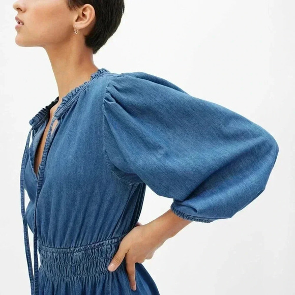 GAP Puff Sleeve Denim Dress with Washwell Smocked Waist Boho Prairie Size Small - Picture 12 of 12